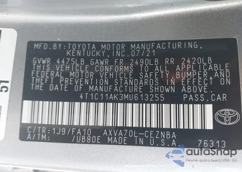 2021 Toyota Camry Le from USA, damaged, VIN 4T1C11AK3MU613255